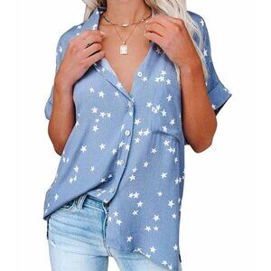 By Together M Star Print Blue Button-Up Shirt With Cuffed Sleeves & Chest Pocket